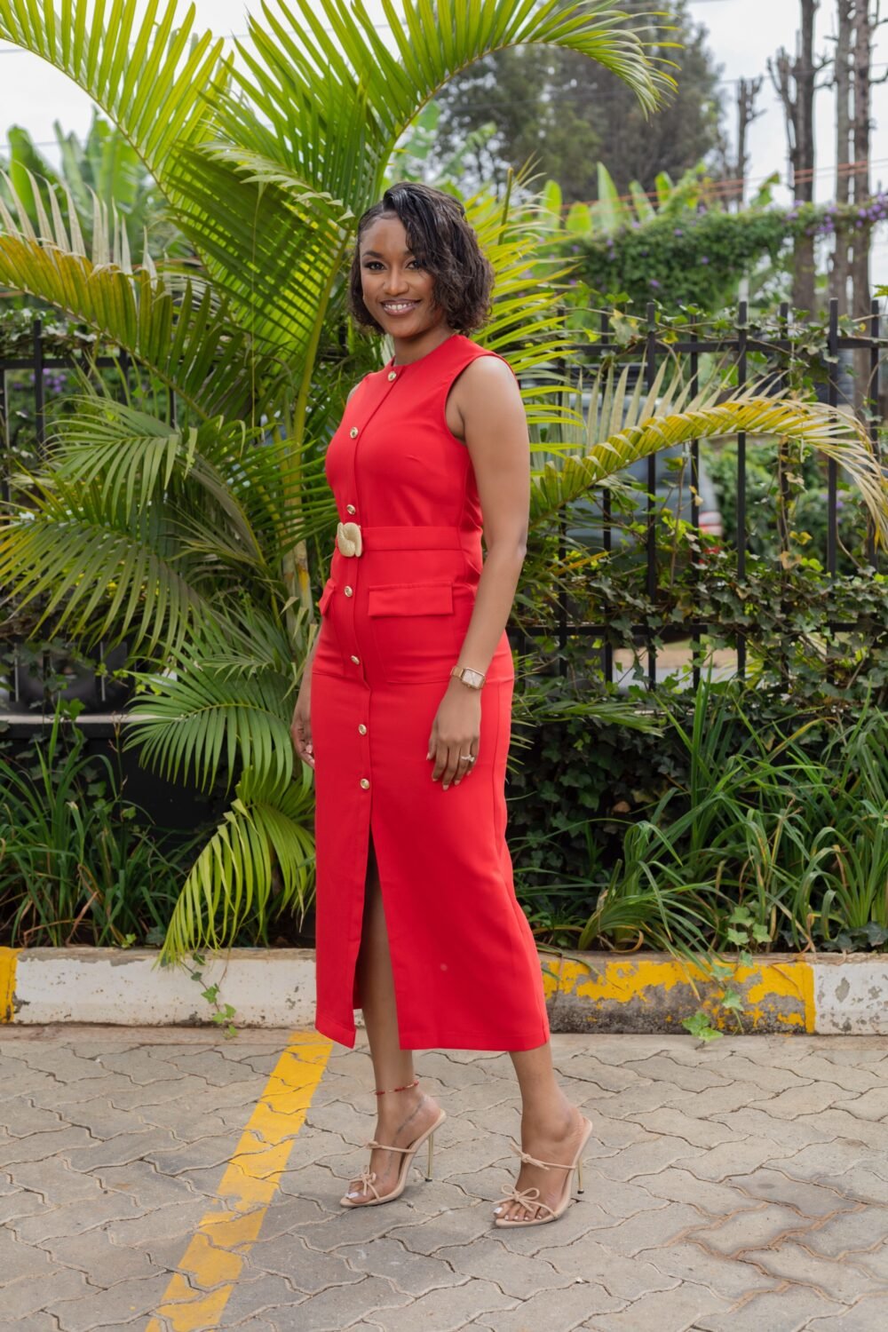 Gold buttoned Red dress JU4 - Image 3