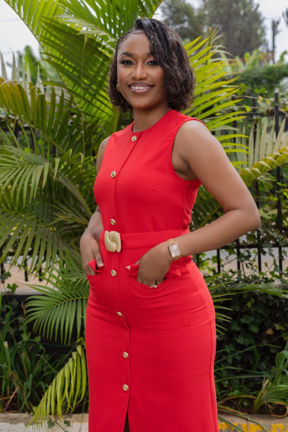 Gold buttoned Red dress JU4 - Image 2